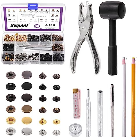 Swpeet 60 Sets 12.5mm Leather Snap Fasteners and Hole Punch Pliers with 4Pcs Fixing Tools Assortment Kit, Leather Snaps Metal Snaps Metal Button Snaps Press Studs for Clothes, Jackets, Jeans