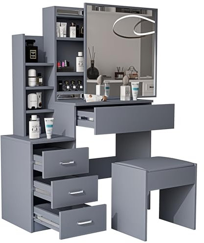 Blisswood Led Dressing Table With Lights, Mirror & Stool, Vanity Makeup Table, 4 Drawer 3 Shelves Storage Unit Cosmetic Bedroom Dresser Make Up Desk Stool For Bedroom Furniture (Grey)