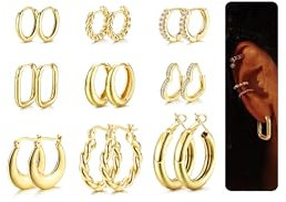FIOROYAL 14K Echt Vergoldete Ohrringe Set für Damen - 9 Paare Creolen, Hypoallergen Twist Herz, Chunky Gold Groß