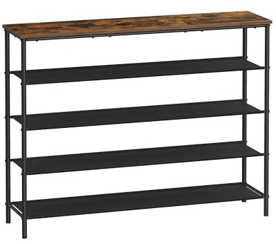 VASAGLE Shoe Rack 5 Tier, Narrow Shoe Storage Organiser for Wardrobe Hallway, with 4 Fabric Shelves and Top for Bags, Shoe Shelf, Steel Frame, Industrial, Rustic Brown and Black LBS136B01