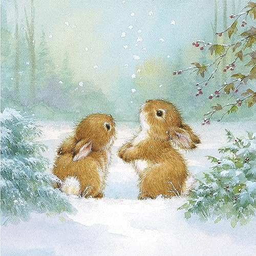 20 Servietten Weihnachten Hasen spielen im Schnee als Tischdeko. Papierservietten mit Motiv. Auch für Decoupage und Serviettentechnik 33x33cm