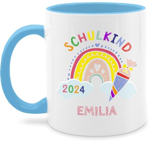Tasse Tassen 325ml - Einschulung Schulanfang - Schulkind 2025 Regenbogen - 325 ml - Hellblau - schulkinder geschenke mädchen personalisierte einschulungsgeschenke schulanfänger schultüte