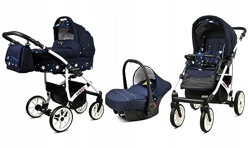 BabyLux® Kinderwagen Set 3 in 1 - Largo - incl. Babywanne, Buggy Sportsitz, Auto-Babyschale - Autositz - Kinderwagenset - Kombikinderwagen mit Wickeltasche, Regenschutz usw.
