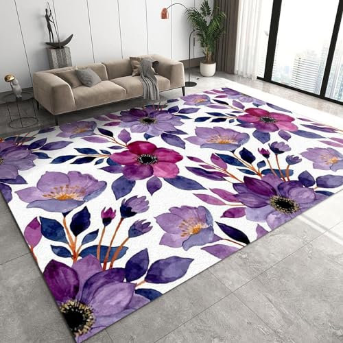 Nordische Vintage Zarte Lila Rosen Indoor-Teppich, WeißE Lila BlüTen Großer Teppiche - für Küche und Balkon Dekor Schlafzimmer Wohnzimmer Bodenteppiche,70 x 140 cm