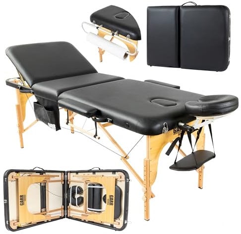 GARR Solution - Massageliege klappbar 3 Zonen aus Holz, professionell für Kosmetiker, Physiotherapie und Tattoo, faltbar und leicht – 185 x 70 x 62/87 cm – mit Rollenhalter und Zubehör