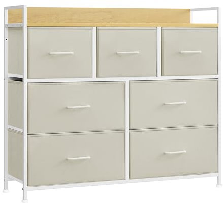 SONGMICS Kommode, Schrank, 7 Stoffschubladen mit Griffen, Metallgestell, Industrie-Design, cremeweiß-wolkenweiß LTS523W01