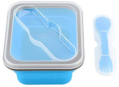 Hztyyier Silicone Collapsible Lunch Box Bowl 600ml Portable Food Storage Container Food Grade Heat Resistant Refrigerator Safe with Spoon Fork Lunch Box Lunch Box for Travel Hiking Camping (Blue)