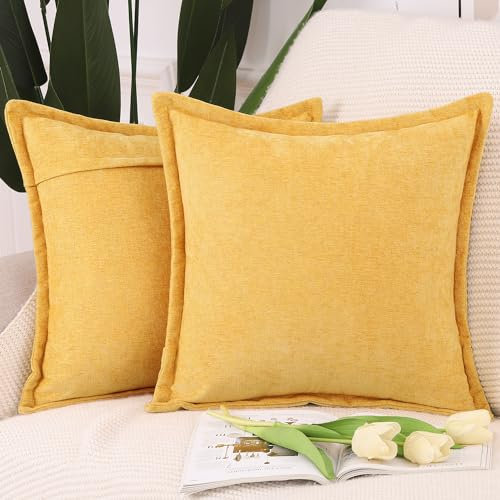 Madizz 2er Set Fransen Chenille Schlicht Zierkissenbezüge Modern Kissenbezug Kissenhülle Sofakissen Lendenkissen für Sofa Schlafzimmer Gelb 40x40 cm