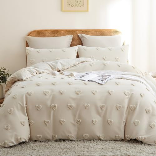 Lanqinglv Beige Bettwäsche 200x220cm Boho Getuftet Exquisite Handgefertigt Stickerei Herz Muster Chic Getuftet Vintage Bettbezug Doppelbett mit Reißverschluss und 2 Kissenbezüge 80x80cm