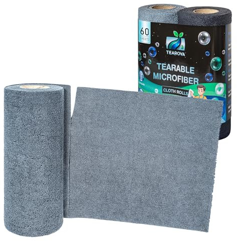 Tearova Reusable Microfibre Cloth Roll Pack of 2 rolls 60 Pieces Total - Sustainable, Washable, Lint free, Absorbent Kitchen Roll - Ideal Cleaning for Home and Car 25cm x 25cm ~(Grey and Black)