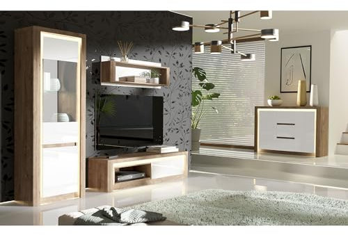 Lomadox Wohnwand Set 4-teilig Sideboard TV Board inkl. Regal Wandregal Schrank Wohnzimmermöbel Vitrinenschrank modern in Eiche mit weiß