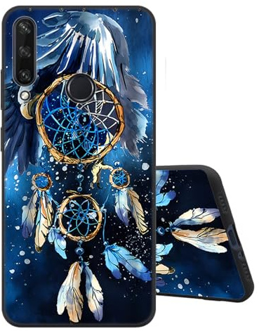 Sinyunron Handyhülle Kompatibel mit Huawei Y6P 2020 Hülle Silikon Schwarz Matte Rückseite Schutzhülle mit Muster,Weiche Stoßfest Kratzfest Schlanke TPU Softschale Case,Dream Catcher