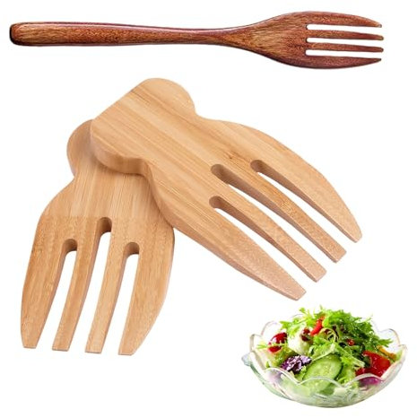 HDGSAFD Lot de 2 fourchettes à salade et 1 fourchette en bois à long manche, couverts en bois, agitateur à salade, ustensiles de cuisine, accessoires de cuisine