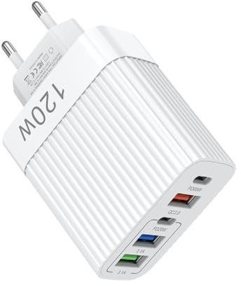 USB-C Charger 120W USB C Alimentation électrique 5 Ports Fast Charger USB-C et USB-A, PD Charger 65W Compatible avec MacBook Pro/Air / iPhone15 / 15 Pro / 15 Pro Max / 14/13 (Blanc Rayures)