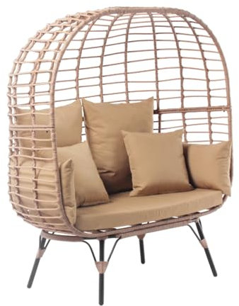 CONCEPT USINE | Fauteuil Oeuf sur Pied 2 Places en Résine Effet Rotin | Design Jane | Structure Acier | Grand Coussin Tissu Déperlant | Hamac Balançoire sur Pied pour Terrasse Jardin Balcon