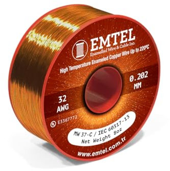 Emtel 32 AWG - 8 oz (2595 feet) Magnet Wire - Enameled Copper Wire for Electrical Motor Transformer Magnetic Coil 220°C (428°F) Thermal Class - Double Insulated Winding Wire