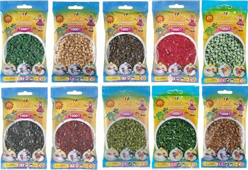 Happy Price Toys - Hama Midi Bügelperlen Konvulut - Grün 10,Braun 12,Dunkelgrün 28,Violettrot 29,Maulbeer 30,Cappuccino 75,Nougat 76,Olive 84,Eucalypt 101,Waldgrün 102 (10 Farbenmix4)