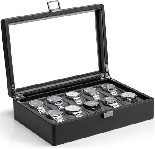 Vlando Scatola per orologi con 10 scomparti, custodia per orologi con coperchio in vetro, custodia per orologi in pelle testurizzata con cuscini rimovibili, scatola per orologi da uomo, idea regalo