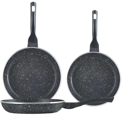 Classic 3-Piece Non-Stick Frying Pan Set 20cm, 24cm & 28cm | Lightweight Aluminium, Soft Grip Handle, Induction & All Stove Compatible, PFOA Free, Dishwasher Safe, Black Granite Finish, Long-Lasting