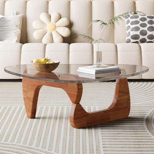 Mesa de centro triangular de cristal, moderna con base triangular de madera maciza y cristal templado grueso, mesa auxiliar, mesa de café elegante para salón o oficina (transparente, 114 x 82 x 41 cm)