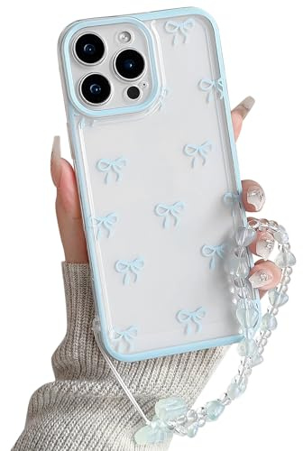 NITITOP for iPhone 16 Pro Max Case Cute Clear Bow Chain,Blue | for Women Girls, Aesthetic Bowknot Ribbon Design, with Wrist Strap, Soft TPU Shockproof Cover, Full Camera Protection