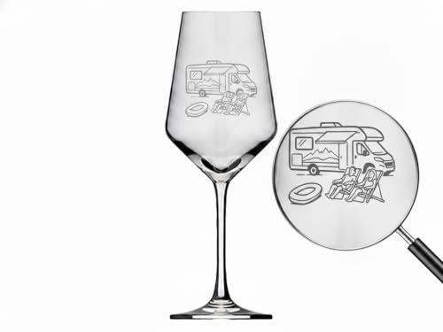 eXODA Weinglas 350 ml Camper graviert spülmaschinenfest ideal für Picknick | Füllmenge 350 ml, spülmaschinenfest, Camper-Motiv, ideal für Picknick, Pflegeleicht, Herstellung in Werkstätten für Menschen