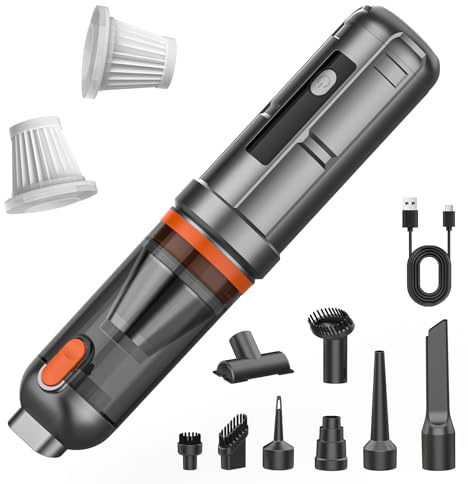 Aspirador Coche Potente 23000 Pa, Mini Aspiradora De Mano Sin Cable | Motor Sin Escobillas, 3 Niveles De Succión Y Soplado, Hasta 35 Min, USB-C, 7 Accesorios Y 3 Filtros HEPA Lavables