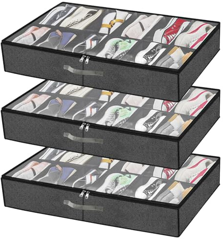 STARVAST 3 STÜCK Unterbett-Kommode für Schuhe Aufbewahrung, Schuh Aufbewahrungssysteme mit 12 Fächern, Unterbett Schuh Organisierer Aufbewahrungsbox Schublade, Faltbare Schuhaufbewahrung Stasche mit D
