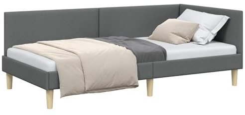 vidaXL Corner Bed Frame Other with Headboard Dark grey 90 x 200 cm, Modern Bed Frame, Rectangular Design, Breathable Material, Adjustable Headboard, Space-Saving Bedroom Furniture, Stylish Setup