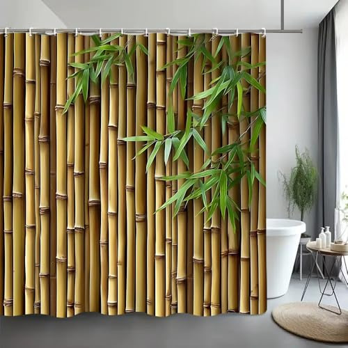 JGGXHM Rideau de Douche en Bambou Vert, Motif botanique, méditation, Tissu Polyester, décoration de Salle de Bain avec Crochets (90 x 210 cm/l x H)