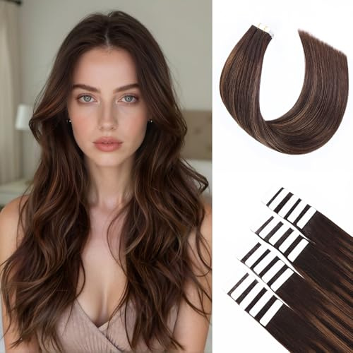 BLONDE UNICORN Tape in Extensions Echthaar 20pcs Tape Extensions Echthaar 60cm Dunkelbraun mit Chestnut Brau Echthaar Extensions Tape Invisible Echthaar Extensions Skin Weft Tape 50g(24inch,2/2/6#)
