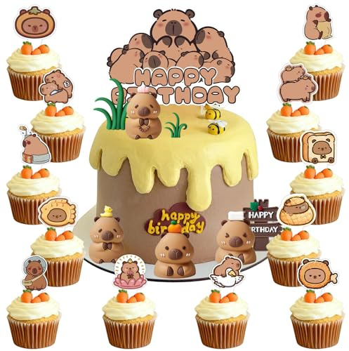NlsqEU Themen Geburtstagsdekorationsset, Capyybarra Tortendeko, 20PCS Mini Kuchen Dekorations, Capyybarra Geburtstag Deko, Happy Birthday Partyzubehör, für Geburtstags Deko