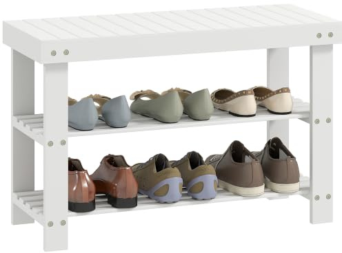 HOMCOM Bamboo Shoe Bench, 3-Tier Shoe Storage Bench, White | Slatted Shelves, for Entryway Hallway, Holds 6 Pairs