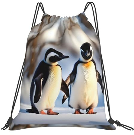 jingong Tragbarer Outdoor-Rucksack, Motiv: junge Pinguine mit Schnee, Kordelzug, leicht, für Reisen, Yoga, Strand
