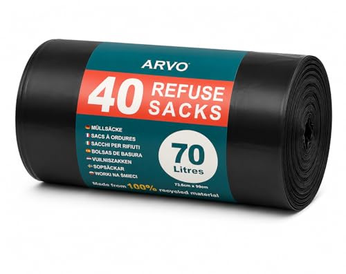 ARVO 70L Black Bin Bags, 40 Flat Bottom Bin Liners per Roll, Rubbish Bags | 73 x 84 cm Refuse Sacks, 100% Recycled LPDE Dustbin Bags, Suitable for Kitchen, Office, Household & General Waste