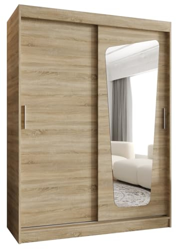 Kryspol - Kleiderschrank mit Spiegel - Schwebetürenschrank - Kleiderschrank 150 cm Breit x 200cm(H) x 62cm(T), 2 Türen, Laminierte Möbelplatte, Schiebetürenschrank Moka 150, Farbe Sonoma Eiche
