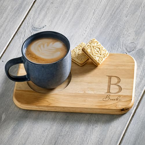 Just Giftz Personalised Tea and Biscuit Serving Board, 23 x 15 x 1.5cm | Handmade wooden board with mug holder and snack slot, custom-engraved, ideal for coffee, cake and gifting.