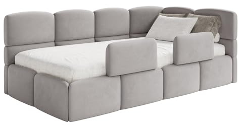 Selsey Jugendbett 120x200cm Hellgrau gepolstert mit Stauraum und Lattenrost, Polsterbett Kinderbett mit 2 Schutzbarrieren, Jugendbett rechtsseitig mit Bettkasten, Bett 120x200 für Kinderzimmer