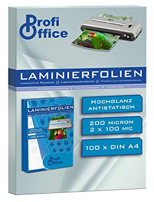 ProfiOffice® Premium Qualitäts Heiß-Laminierfolien, DIN A4, 2 x 100 Mikron, 100 Stück, Für Dokumente, Fotos oder Karten - Wasserfest, unzerreißbar in Glänzend (19007)