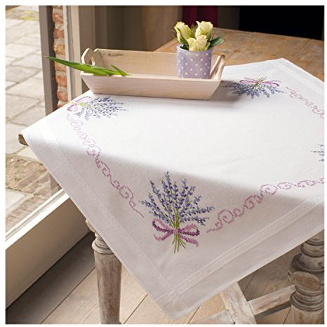 VERVACO Kreuzstich Stickpackungen Tischdecke Lavendel Stickdecken Vorgezeichnet Basteln Erwachsene Kreativ Set Vorgedruckte Decke Sticken 80 x 80 cm Stickset DIY Sticken Set