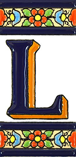 Schilder mit Zahlen und Nummern auf vielfarbiger Keramikkachel. Handgemalte Kordeltechnik fuer Schilder mit Namen, Adressen und Wegweisern. Persoenlich gestaltbarer Text. Design FLORES MEDIANO 10,9cm x 5,4 cm (BUCHSTABEN L).