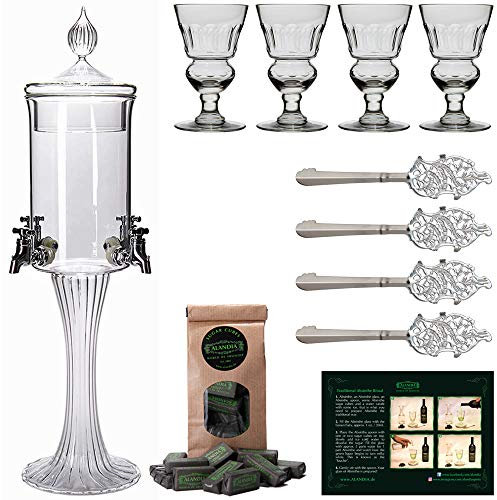 Absinth Zubehör Set Chat IV von ALANDIA | 1x Absinth Fontäne | 4x Gläser mit Reservoir | 4x Löffel aus Edelstahl | 1x Zuckerwürfel