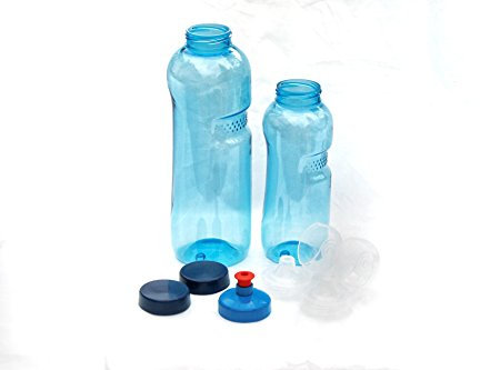 2x Original Trinkflaschen aus TRITAN ohne Weichmacher im Sparset: 1x 1 Liter (rund), 1x 0,5 Liter (rund) + 2 Standartdeckel + 2 Sportdeckel (FlipTop) + 1 Trinkdeckel (Push PULL) BPA frei