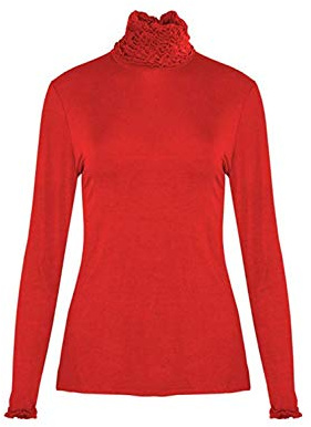 Women's Ruffles Frill High Neck Polo Top Ladies Long Sleeve Jumper Plain Basic Stretch T-Shirt Casual Tops UK Size 8 10 12 14