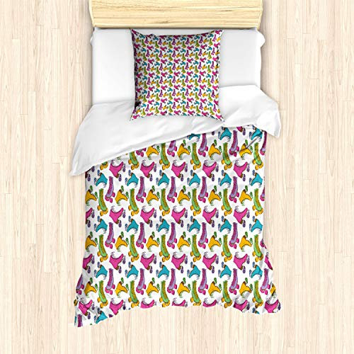 ABAKUHAUS Teen Zimmer Bettbezug Set für Einzelbetten, Roller Skates Vivid, Milbensicher Allergiker geeignet mit Kissenbezug, Magenta Grün