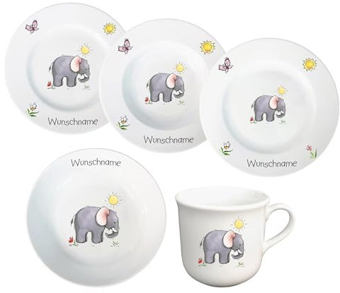 Kindergeschirr personalisiert - Kinderservice 5-tlg. Kinder Service Set aus Porzellan Teller Becher Schale personalisierbar mit Wunschname Name Kindergeschirr mit Namen personalisiert (Elefant)