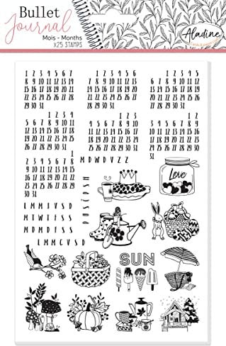 Aladine - Stempelset Bullet Journal Monats – 25 Universal-Monatsstempel – Kalender Datum Jahr – Zubehör Bullet Journal, Bullet Planner, Kalender – Stampo Bullet Journal – 03939