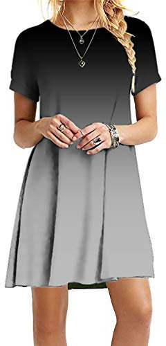 EFOFEI Damen Kurzarm T-Shirt Regenbogen Kleid Swing Crewneck Minikleid Farbverlauf Grau XS