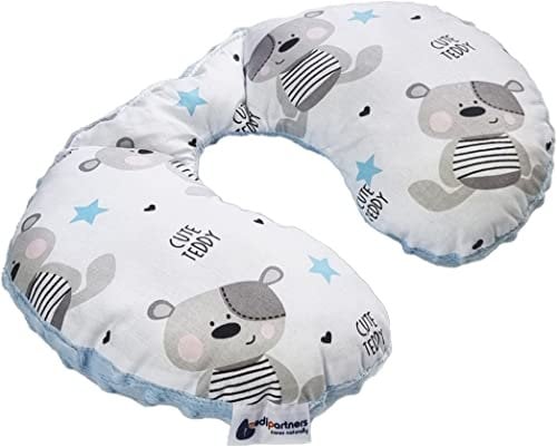 Medi Partners Nackenkissen Kinder Nackenhörnchen Auto Flugzeug Baby - 100% Baumwolle/Minky Nackenstütze Kopfstütze Kindersitz Autositz Nackenrolle Kissen (Teddybär mit hellblauen Minky)