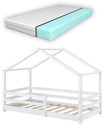 [en.casa] Kinderbett Knätten mit Matratze und Rausfallschutz 70x140cm Hausbett mit Kaltschaummatratze Bettenhaus mit Lattenrost Kiefernholz Kleinkindbett Weiß